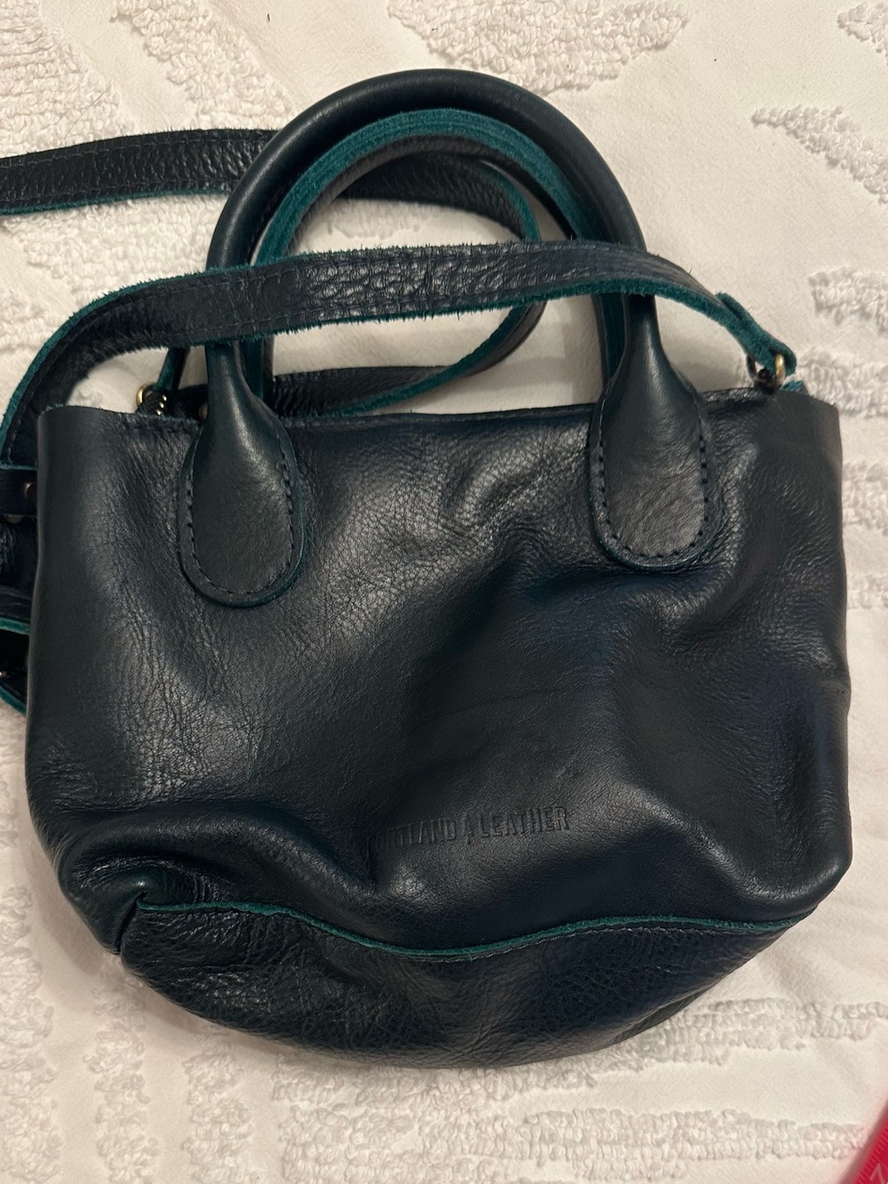 Portland Leather Raindrop Crossbody Boreal color Dark Green Mini Tote with Strap